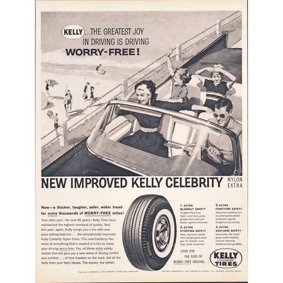 1959 Kelly Tires Celebrity Vintage Print Ad Beach Seashore Family Convertible - Picture 1 of 1